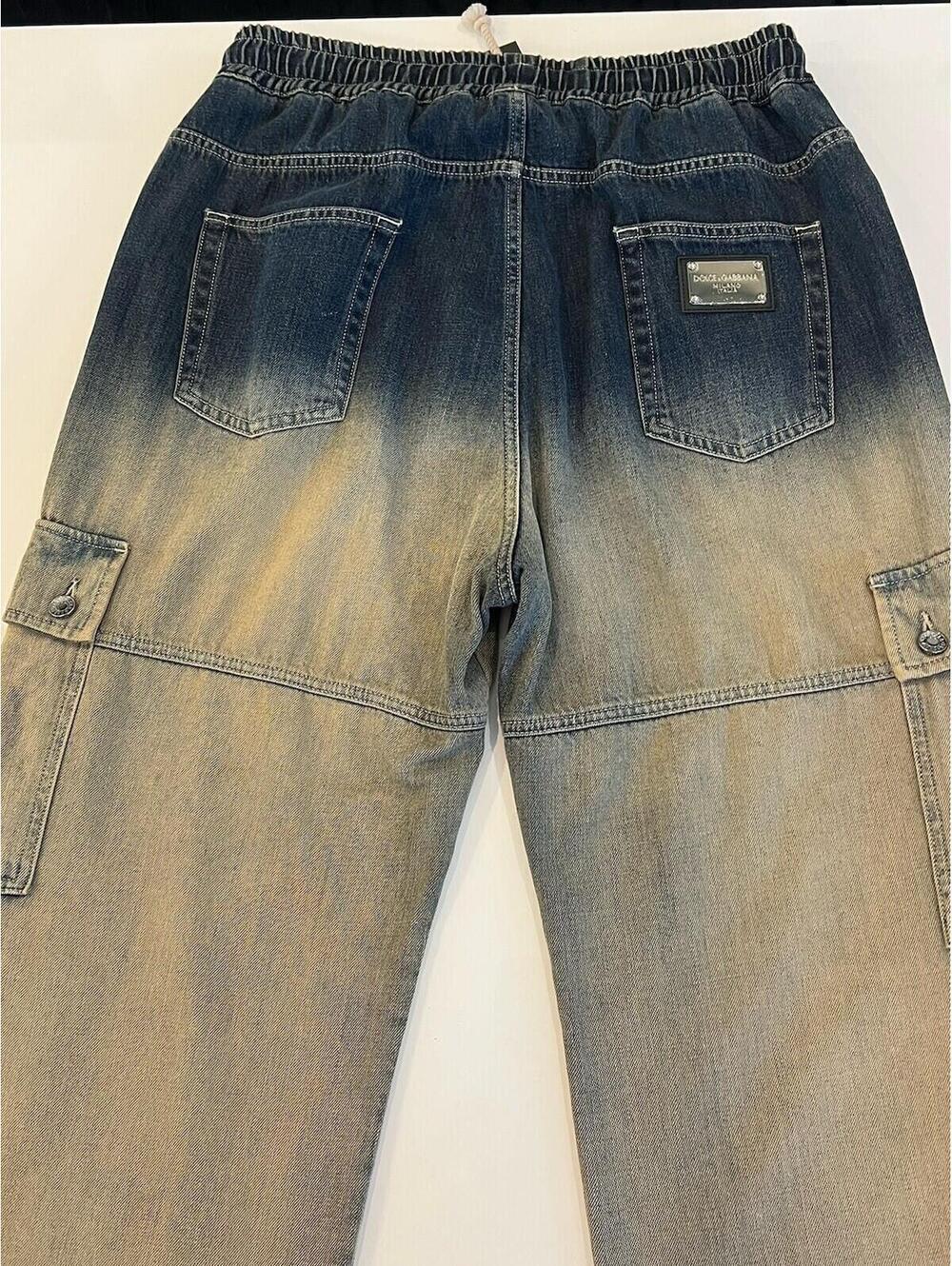 $1275 Dolce & Gabbana Washed Drawstring Cargo Beige/Dark Blue Jeans Size 52 - Picture 7 of 13